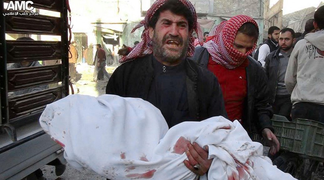 This citizen journalism image provided by Aleppo Media Center AMC which has been authenticated based on its contents and other AP reporting, a Syrian man mourns as he carries the body of a child who was killed following a Syrian government airstrike at the neighborhood of Marjeh in the northern city of Aleppo, Syria, Monday, Dec. 23, 2013. Syrian government forces widened a bombing campaign in rebel-held areas of northern Syria on Monday, striking one of the main border towns near Turkey and killing several people, said activists. (AP Photo/Aleppo Media Center AMC)